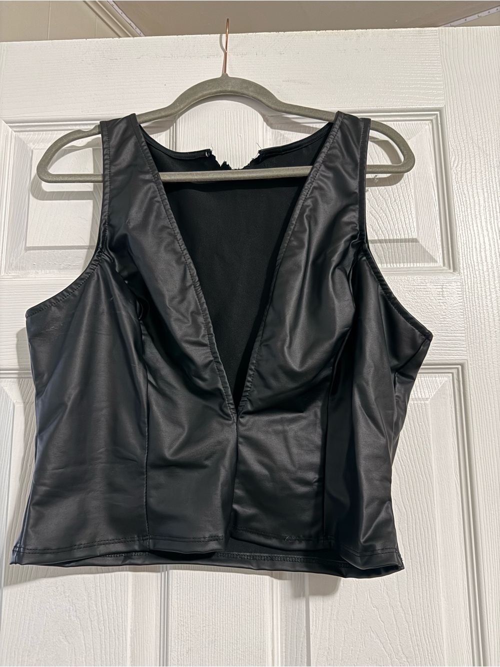 Black Leather V-Neck Crop Top